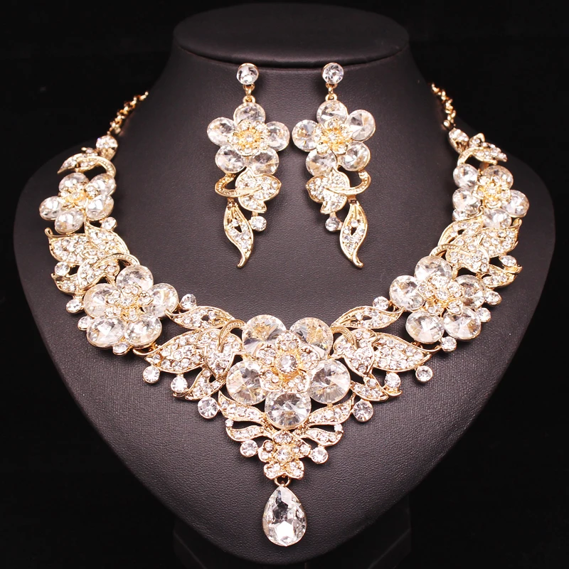 Tanie Luksusowe kwiaty liście zestawy kryształowej biżuterii damskie randki kolczyki naszyjnik zestaw indyjski kostium dla nowożeńców biżuteria prezenty dla kobiet