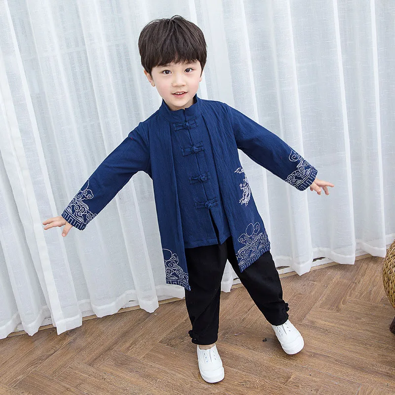 Детская одежда для маленьких мальчиков, современный комплект одежды в китайском стиле «ханфу», костюм «кунг-фу», длинное платье с вышивкой в китайском стиле, одежда SL1173 - Цвет: navy
