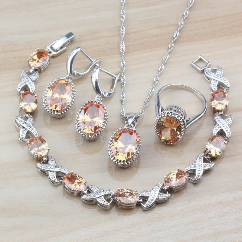 

Vintage Champagne Cubic Zirconia Oval Jewelry Sets Of 925 Silver Women Costume Earrings/Necklace/Bracelet And Ring Sets