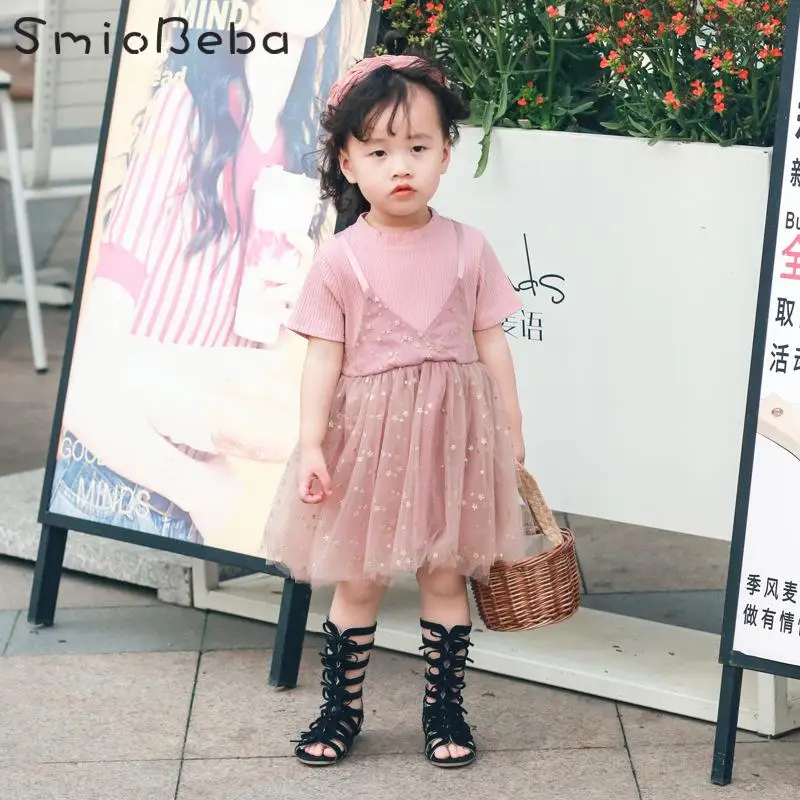 

Summer Short Party Dress Girl Pink Blingbling Dresses Children's Fake Two Pentagon Screen Skirts Tutu Korean Lace Evening Dress