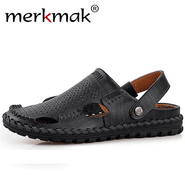 Merkmak Men's Sandals Genuine Leather Summer Shoes Handmade Sandals For
