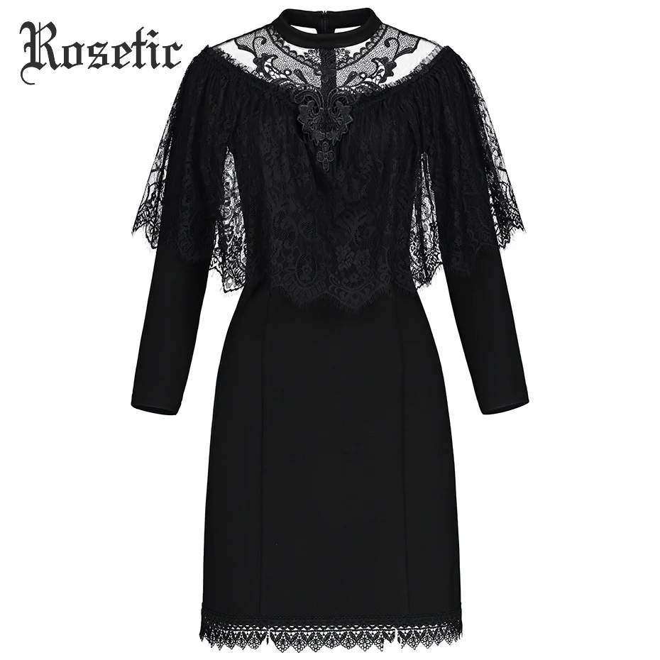 

Rosetic Hollow Out Lace Dress Women Autumn Long Sleeve Patchwork Mesh Streetwear Black Gothic Style Wild Slim Lace-Up Dresses