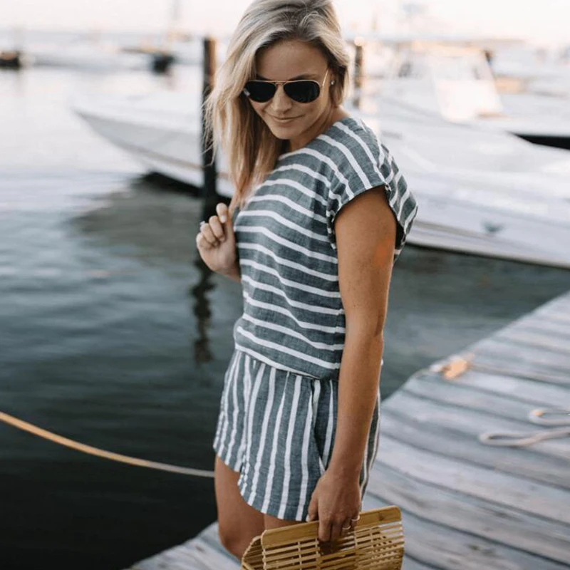 CROPKOP Short Sleeve Striped Losse Casual Summer Rompers Womens Jumpsuit Short 2018 Sexy Backless Boho Playsuits One Piece Tops