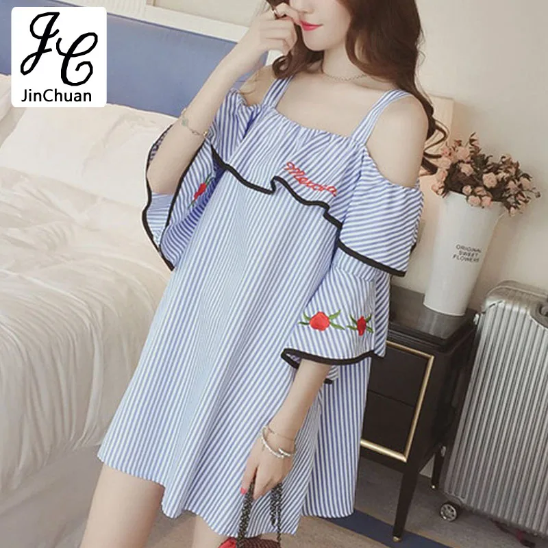 Verano Blue Striped Dress Feminino Off The Shoulder Summer Embroidery Dresses Ruffles Flare Sleeve Women Vestidos Rayas |