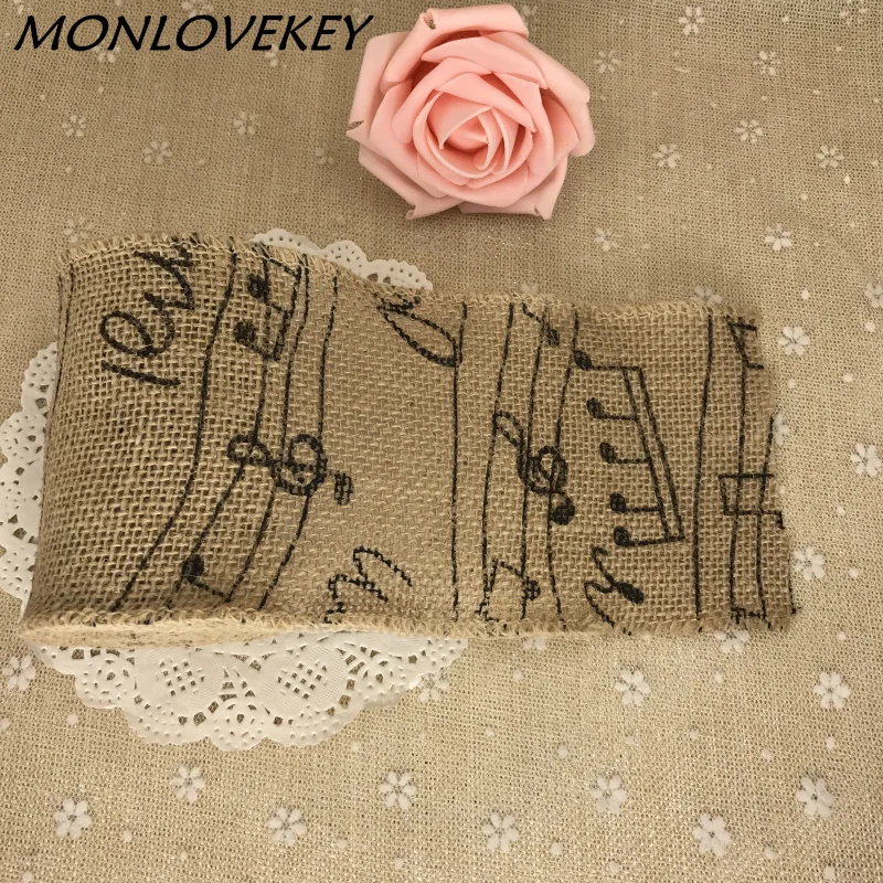 

10CM Width Jute Burlap Hessian Ribbon With Musical Notes Ribbon Vintage Wedding Decoration Party Rustic Decoration