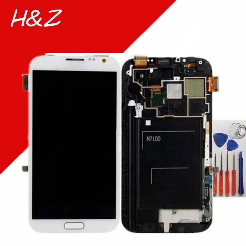 

White/Grey For Samsung Galaxy Note 2 N7100 N7105 LCD Display Touch Screen Digitizer Assembly With Frame+Tools