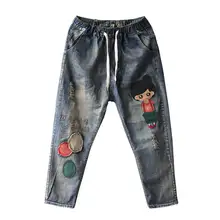 Винтаж мультфильм женские джинсы с вышивкой рваные патч джинсовые штаны женский эластичный пояс шаровары Штаны брюки для девочек p604