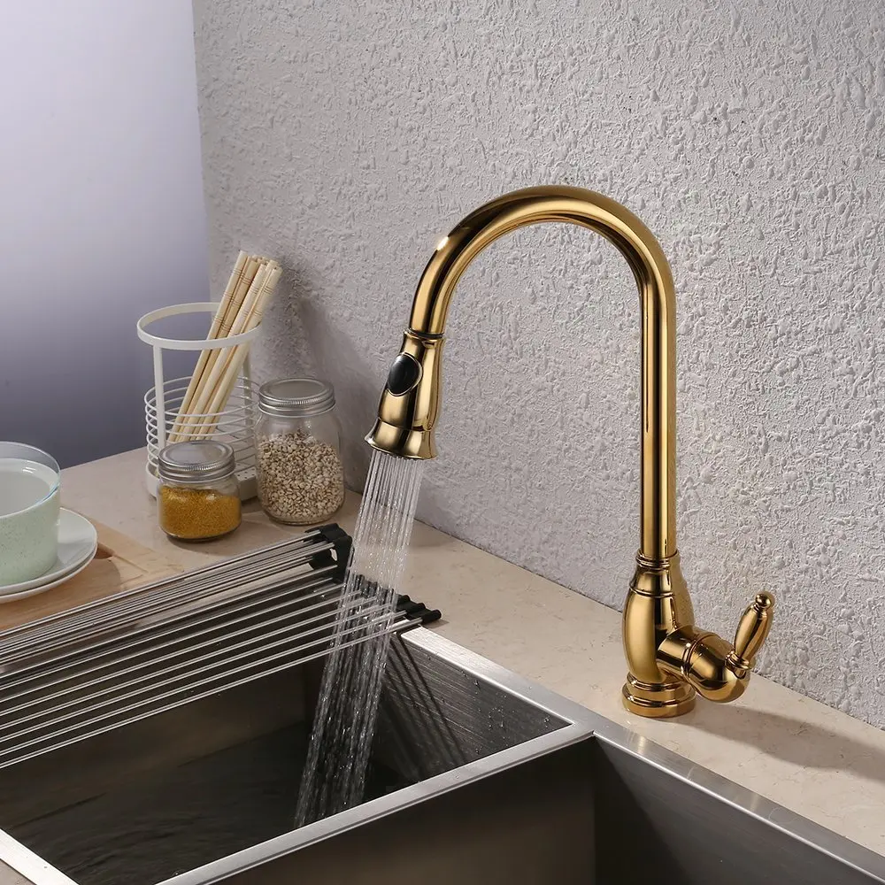 Gold Solid Brass Single Hole Bar Sink Water Mixer Tap Kitchen Faucet with Pull Down Sprayer Swivel High Arc Gooseneck Spout