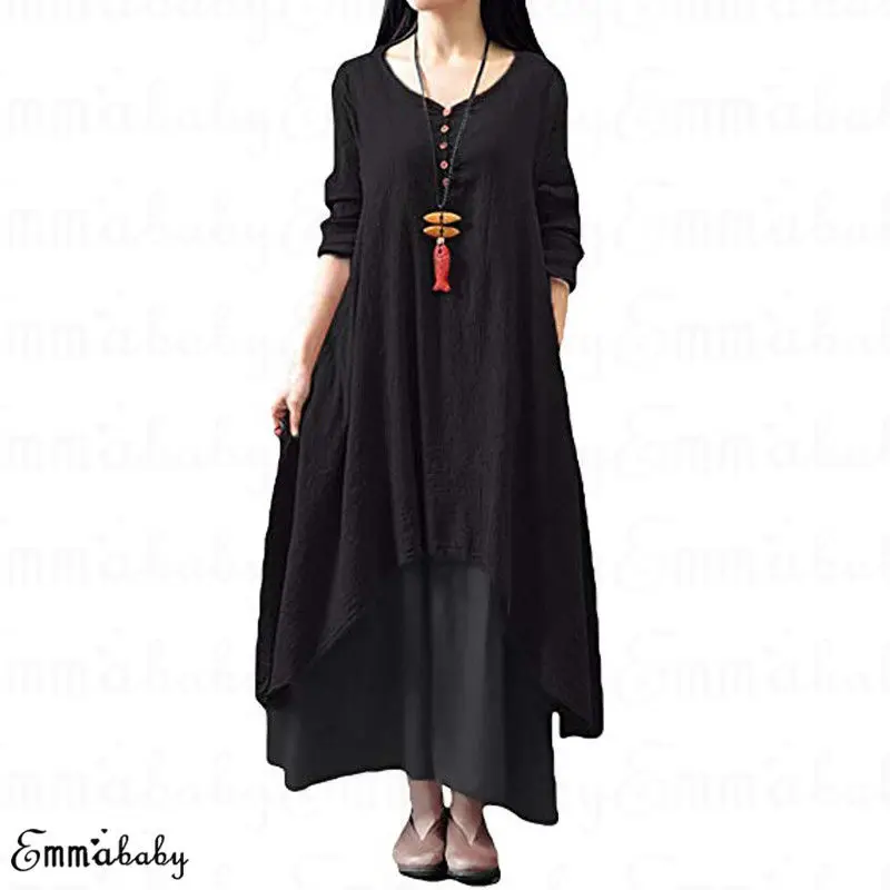 Женское крестьянское этническое Бохо хлопковое льняное платье макси с длинным рукавом