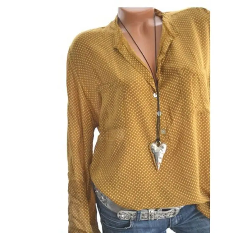 Большой размер женские рубашки Осень-Весна Топы Свободные V-образным Вырезом Горошек Печатный Блузка Плюс Размер S-5XL Блузка Элегантный - Цвет: Цвет: желтый