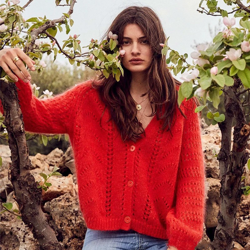 

Hot Selling French Chic Mohair Classic Hollow Out Knitted Sweater V Neck Cardigans with Nice Buttons
