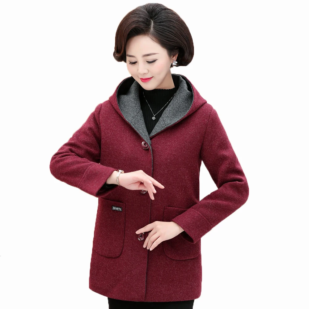 Winter Woman Tweed Hooded Coat Thicken Quilted Overcoat Female Red Green Wool Blends Pea Coats Women Warm Hood Woollen Outerwear