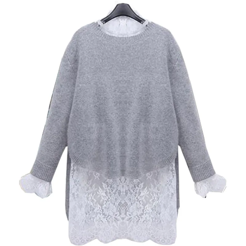 New Arrival Spring 2021 Fashion Women Sweaters O-neck Full Sleeve Europe The Wind Really Long Lacy Gray two-piece Pullovers 4164 | Женская