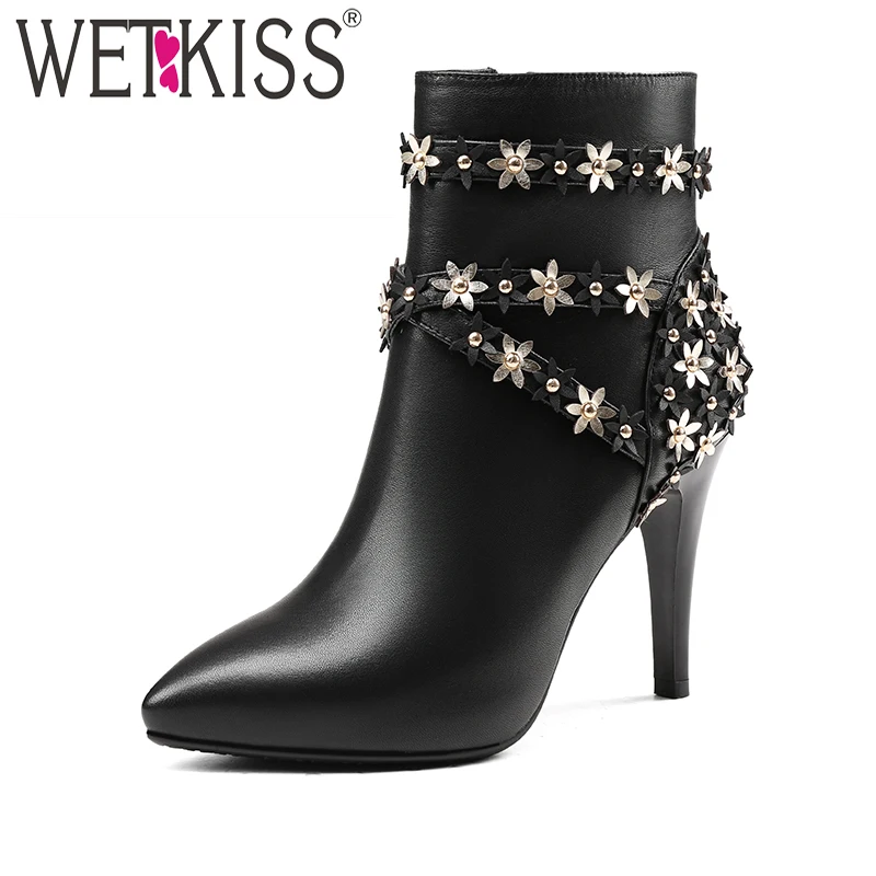 

WETKISS High Quality Genuine Leather Winter Boots Brand Designer Flower Strap Ankle Boots Sexy High Heels Ladies Shoes Woman Zip