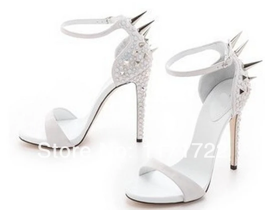 

High quality factory price silver crystal high heel sandals spikes studded sexy high heel wedding ankle-wrap pumps YP01#