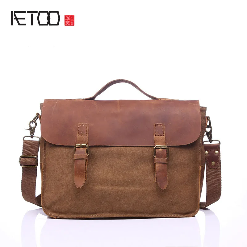 

AETOO European and American vintage retro bags portable briefcase computer shoulder diagonal bag with leather bag M
