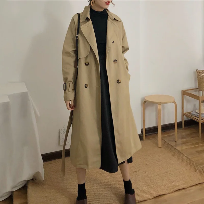 

Spring Autumn Women Fashion Brand Korea Style Waist Belt Loose Khaki Color Trench Female Casual Elegant Soft Long Coat Cloth