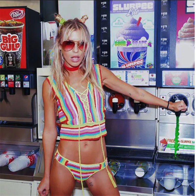 

Sexy Bikini 2019 Summer Rainbow Beach Wear Knitted Bra Swimwear Women Bathing Suit Beach Knit Bikini Set Swimsuit Female Tankini