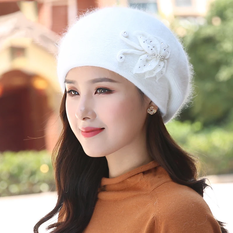 Angora Hat Women Winter Knit Cap Beanie Beret Warm Headwear Flower Casual Soft Classic Thermal Snow Outdoor Accessory (5)