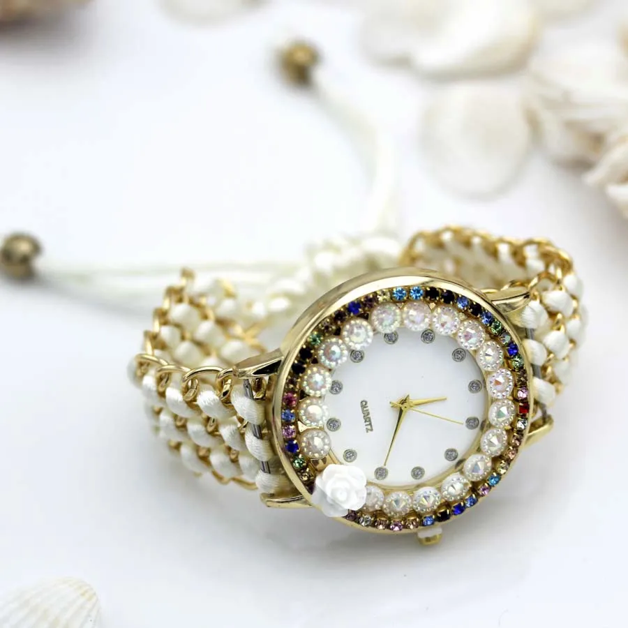 Shsby новые женские цветы ручной вязки наручные часы Роза женское платье часы цвет сверкающие стразы тканевые часы Сладкая девушка часы - Цвет: Белый