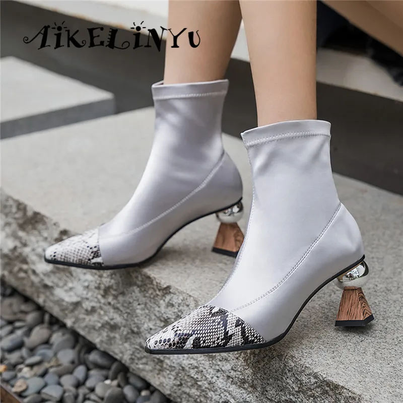 

AIKELINYU 2019 Unique Wood Grain Triangle Heel Elastic Ankle Boots Genuine Leather Spring Shoes Brand Pointed Toe Women Shoes
