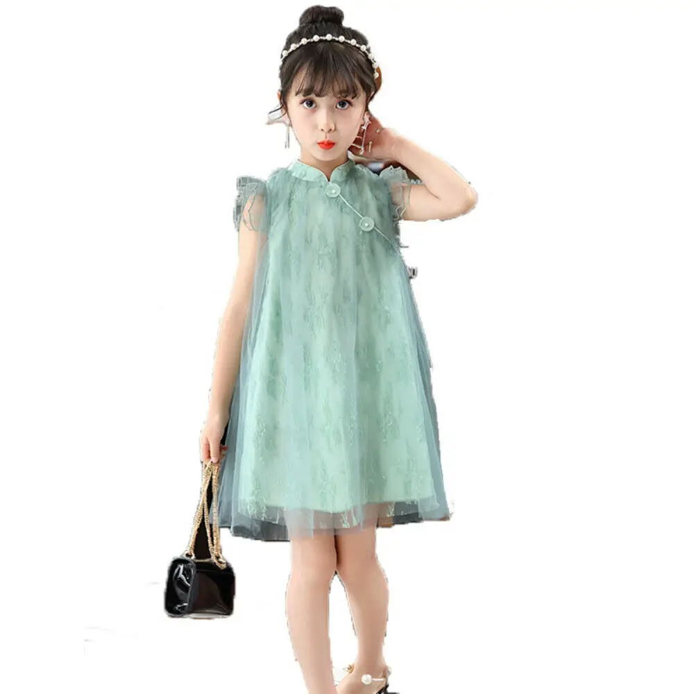 Light Green Size 160 Платье принцессы для маленьких девочек кружевное плотное летнее платье без рукавов модный тюль на день рождения и свадьбу - Цвет: Light Green Size 160