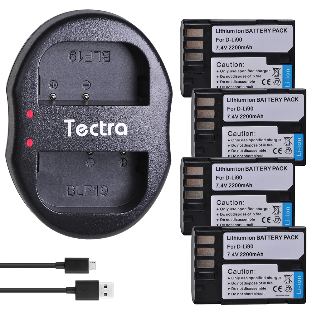 

Tectra 2200mAh 4PCS D-Li90 D Li90 Digital Camera Battery+USB Dual Charger for PENTAX K-7 K-7D K-5 K-5 II 645D K01 DLi90 Battery