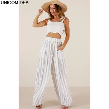 

Wide Leg Pants High Waist Pants Women Plus Size with Pocket Casual Female Summer Loose Women Trousers Striped Summer Streetwear
