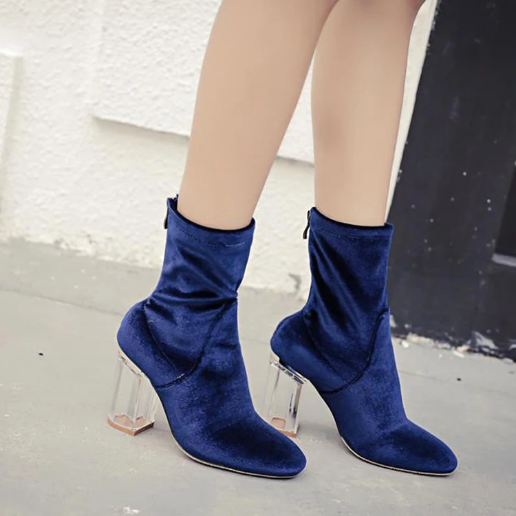 LALA IKAI Transparent Crystal Heel Short Boots Women Velvet High Heel Ankle Boot Fashion Women's Winter Boots (21)