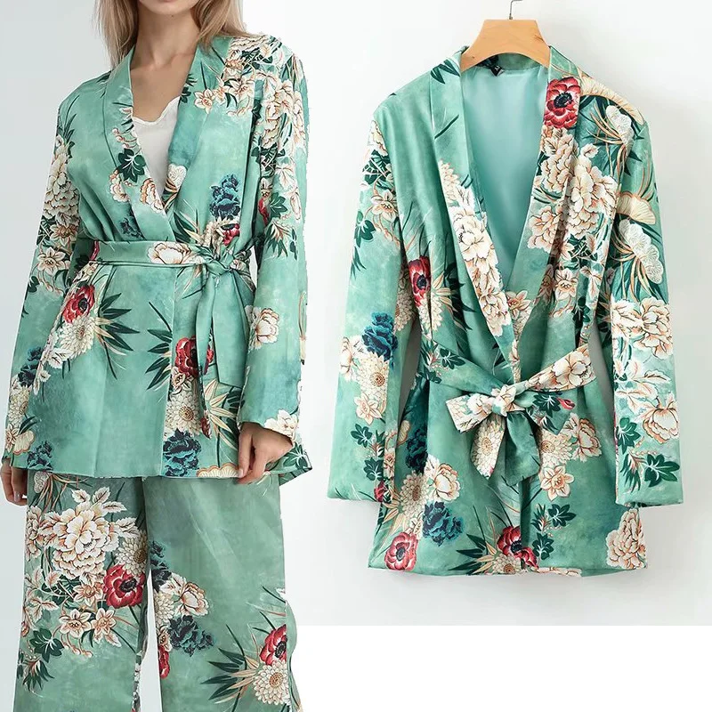 Waist Fastened with Trim Skinny Suit Jacket Green Bottom Printed Mid-long Blouse 2019 Spring New Women's Long Sleeveblazers Waist Fastened with Trim Skinny Suit Jacket Green Bottom Printed Mid-long Blouse 2019 Spring New Women's Long Sleeveblazers