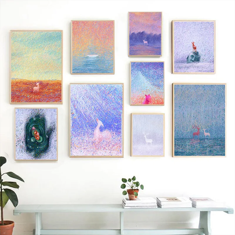 

Abstract line drawing Pastel deer animal Home Kids Baby living Room Bedroom Decor Print Poster Picture Painting Wall Art Canvas