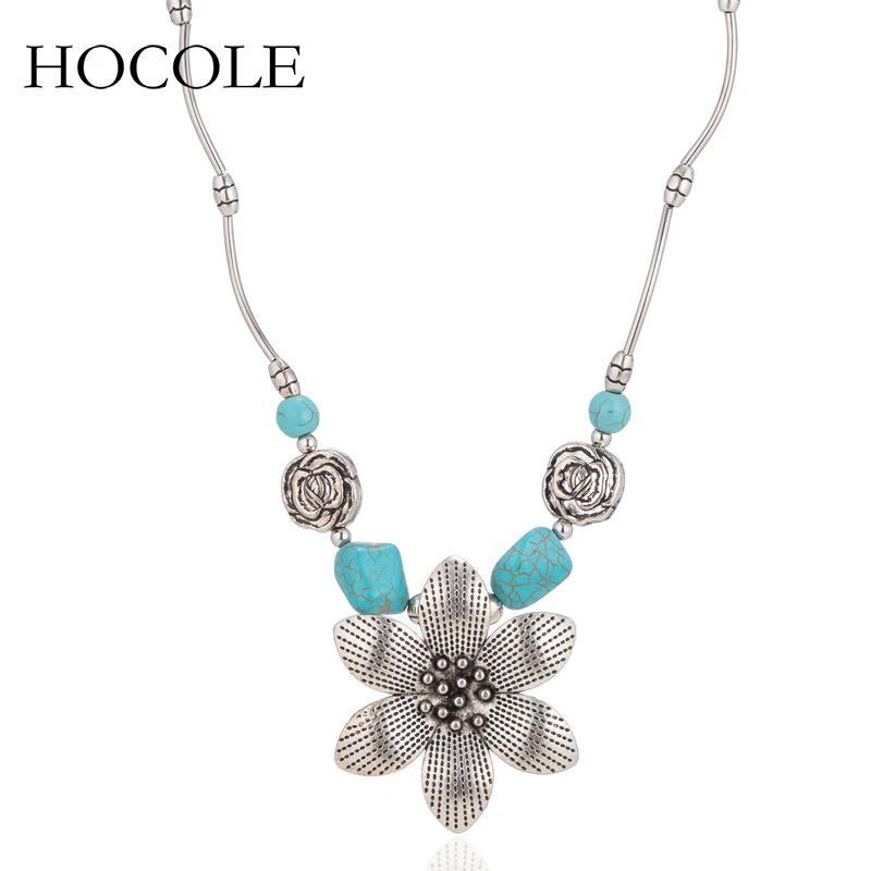 

Vintage Antique Silver Flower Pendant Big Choker Necklace Hollow Out Round Floral Statement Necklace For Women Ethinc Jewelry