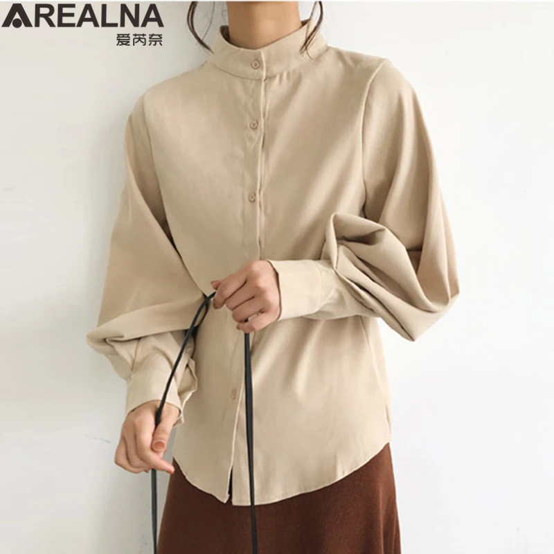 Blusas Mujer Moda Весенняя Элегантная блузка с воротником стойкой женская длинным