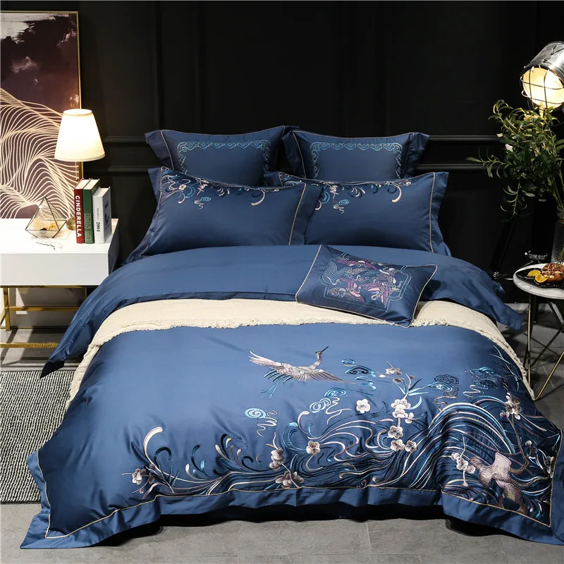 

Oriental Embroidery 100S Egyptian cotton Blue Luxury Bedding set 4/7Pcs King Queen size Duvet cover Bed sheet Set Pillowcases