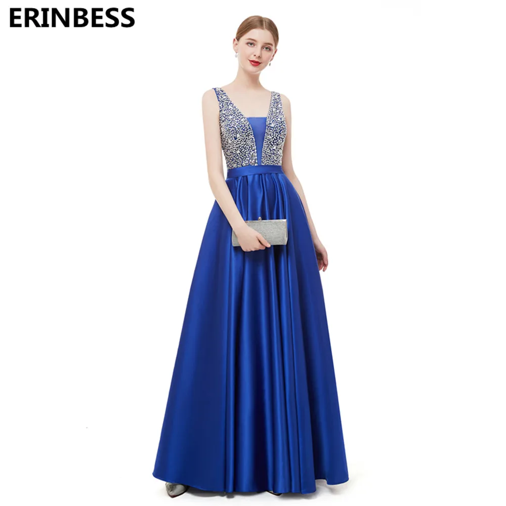Vestido de festa Longo, вечерние платья, длинное платье, темно-синее атласное с бусинами и v-образным вырезом, вечернее платье, вечерние платья