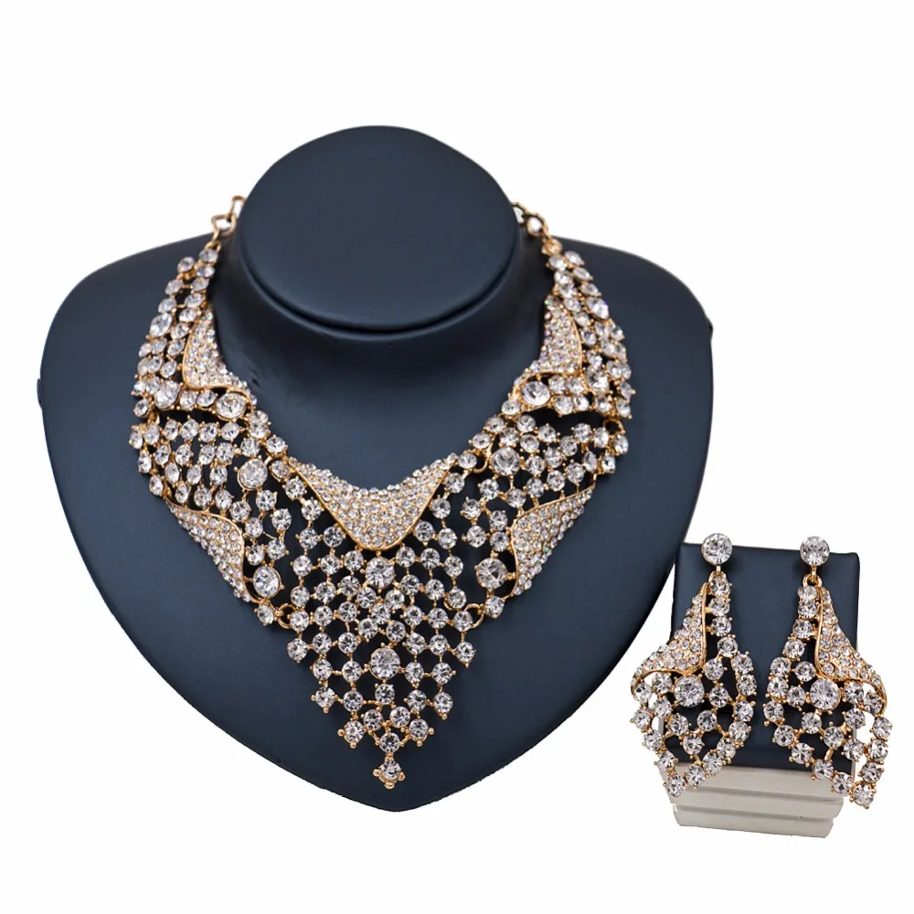 Dubai Fashion Rhinestones Crystal Bridal Jewelry Sets Wedding Necklace Earring For Women Brides