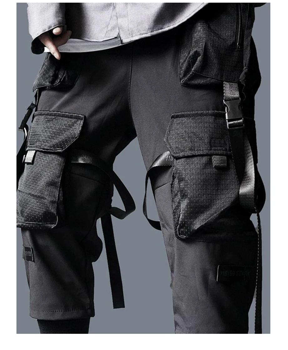 Мужские брюки-карго, размер США, Harajuku, уличная одежда, тактические брюки, ленты, мульти-карманные брюки, эластичный пояс, хип-хоп, мужские черные брюки DG29