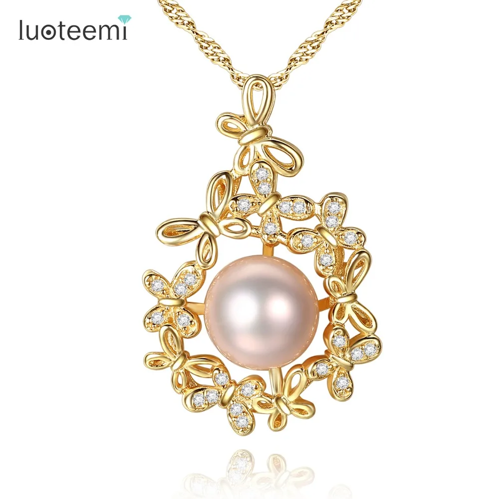 

LUOTEEMI 2018 Hot Sale Gold Color Butterfly Shape Nature Pearl Pendant Necklace For Women Bohemia 925 Silver Necklace Jewellery