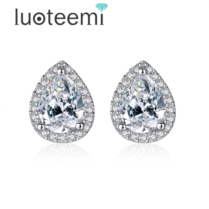 

LUOTEEMI Fashion OL Lady Small Size Fancy Waterdrop Cubic Zircon 925 Sterling Silver Stud Earrings Women Quality Gift Jewelry