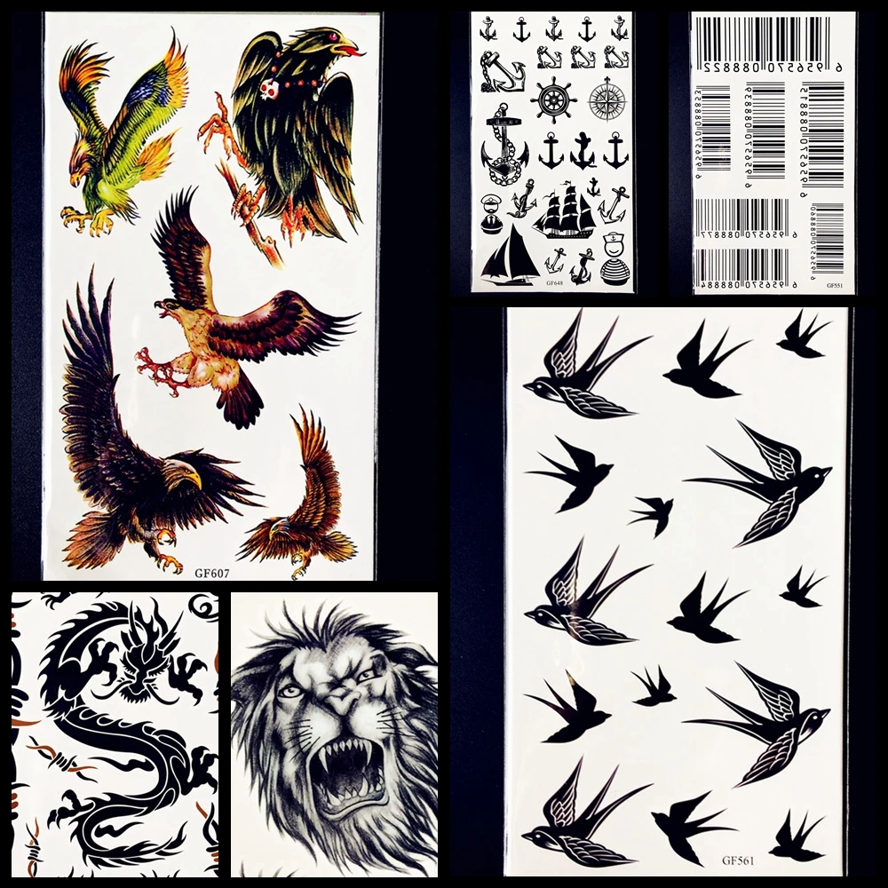 

25 Style Bar Codes Eagle Swallow Birds Temporary Tattoo Stickers 17x10CM Black Lion Dragon Body Art Fake Flash Tattoo Men Women