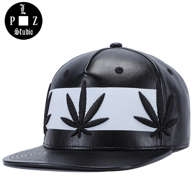 

PLZ PU Leather Snapback Hip hop Men Baseball Cap Triple Weed Leaf Embroidery Black White Hat 2018 New Rapper Flat Cap Adjustable