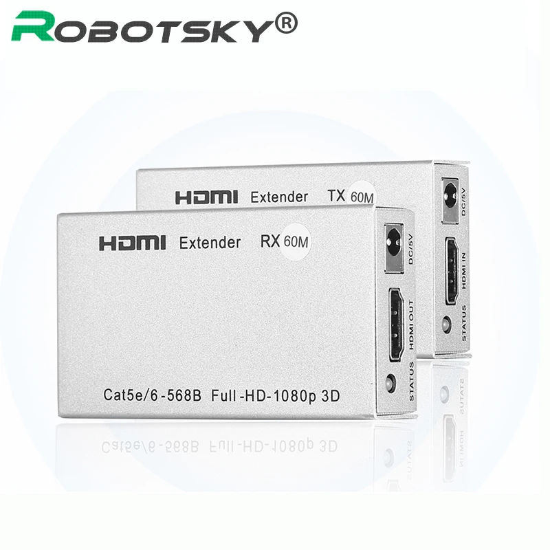 

Robotsky 3D 1080P HDMI Extender 60M over single CAT5E/CAT6 Signal Cable HDMI Transmitter Receiver with IR for DVD XBox PS3 PS4
