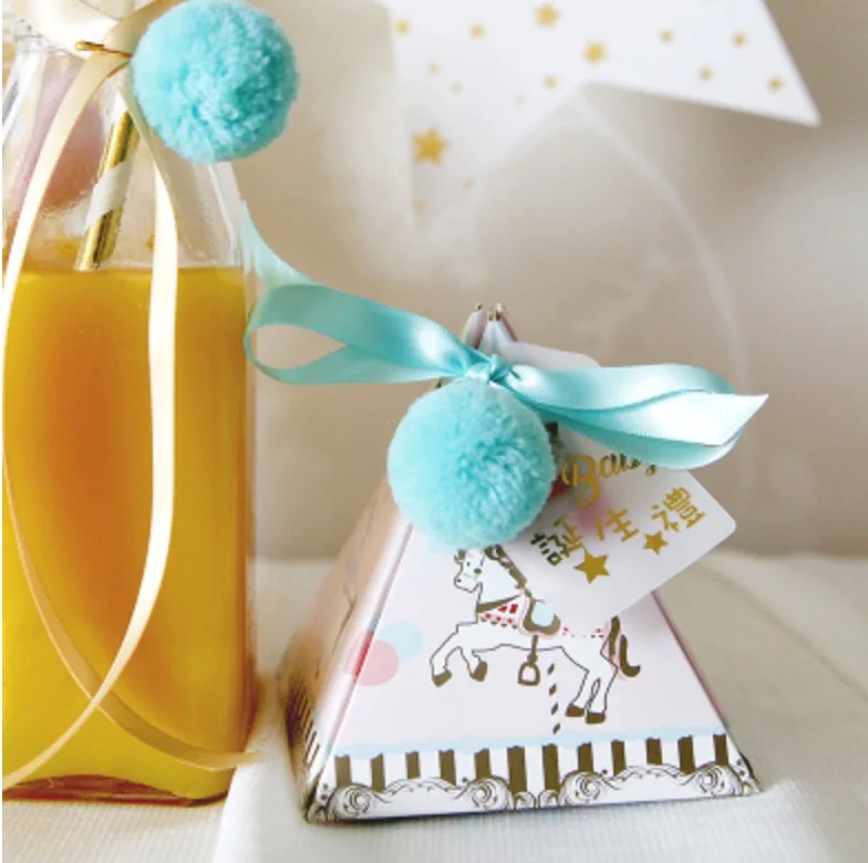 Новые Треугольные крестины Baby Shower синий/розовый мультфильм лошадь конфеты коробки с лентой& Бирки& шары крещение вечерние коробки подарка - Цвет: Синий