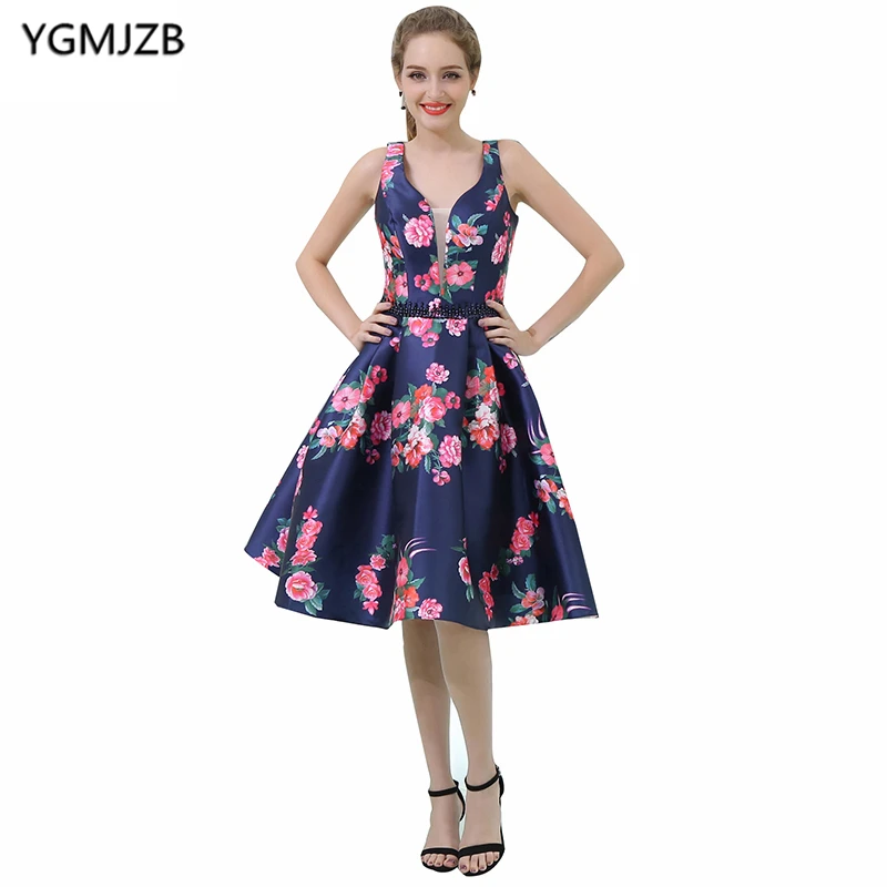 New Arrival Floral Print Cocktail Dresses 2019 A Line Deep V Neck