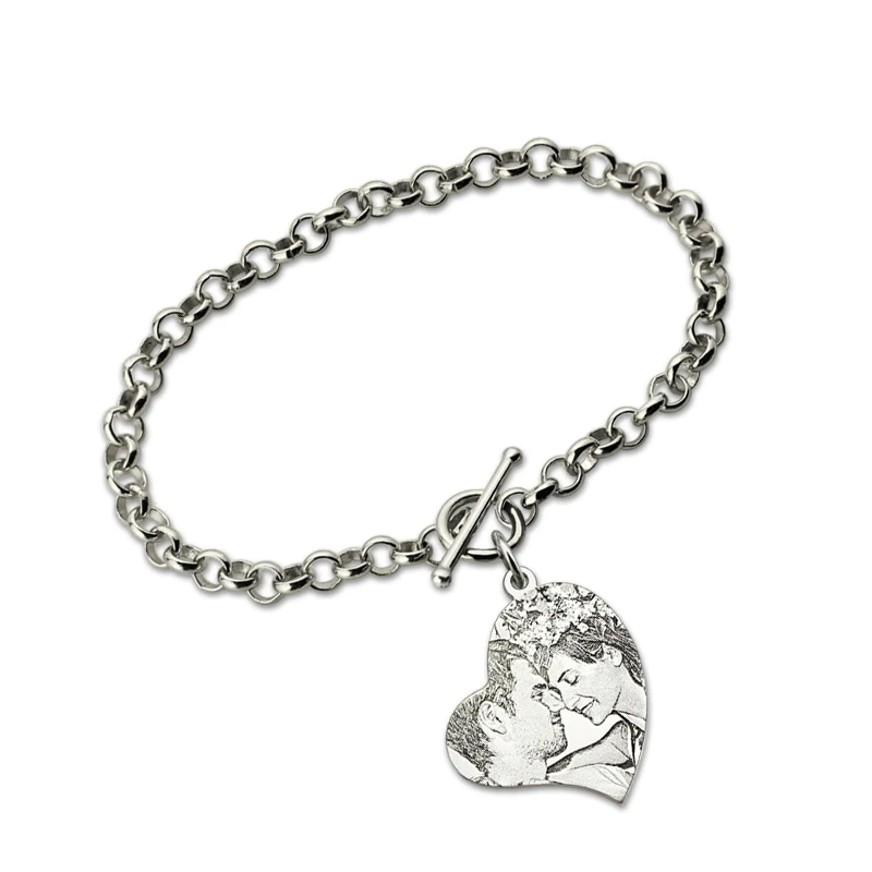 

Wholesale Custom Photo Engraved Bracelet Heart Charm Bracelet Sterling Silver Mother Jewelry