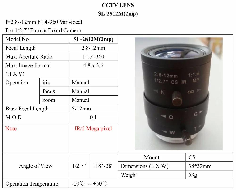 38-118 градусов вид 1/2. " CS крепление с переменным фокусным расстоянием 2.8-12 мм ручной зум 2mp Объективы для видеонаблюдения HD объектив для безопасности ip камеры(sl-2812mp2