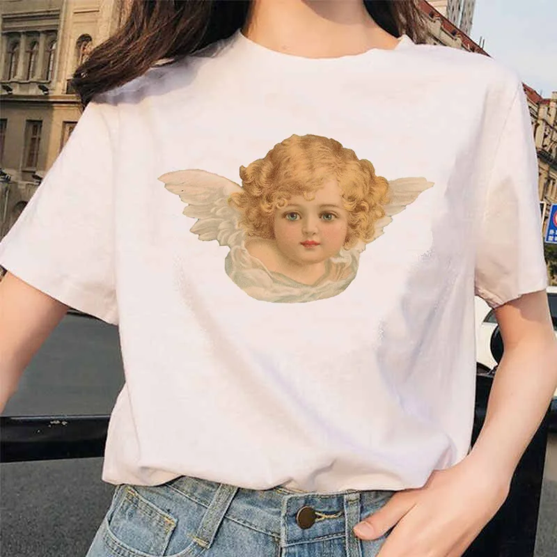 Angel Fashion Tees футболка Ullzang женская футболка с принтом Harajuku 90s Kawaii Одежда Футболка Топ летний Vogue grunge women ulzzang