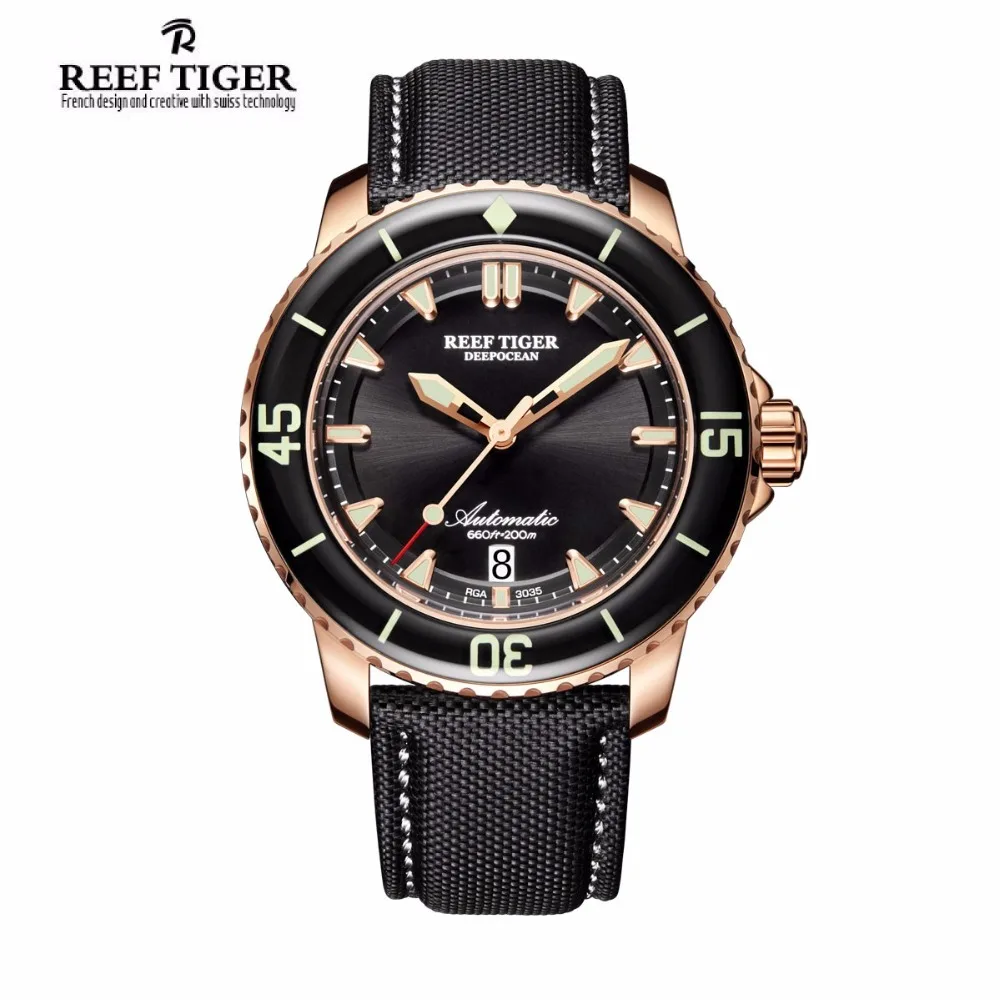 Reef Tiger 2017 luxury brand Men's Diving Watch reloj hombre Super Bright Automatic Nylon Strap Swiss Watches relogio masculino