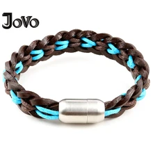 Фотография Braided Wrap Leather Bracelets for Women Men Magnetic-Clasp Design Blue Leather Arm Wristband Bracelets Men Women Gift