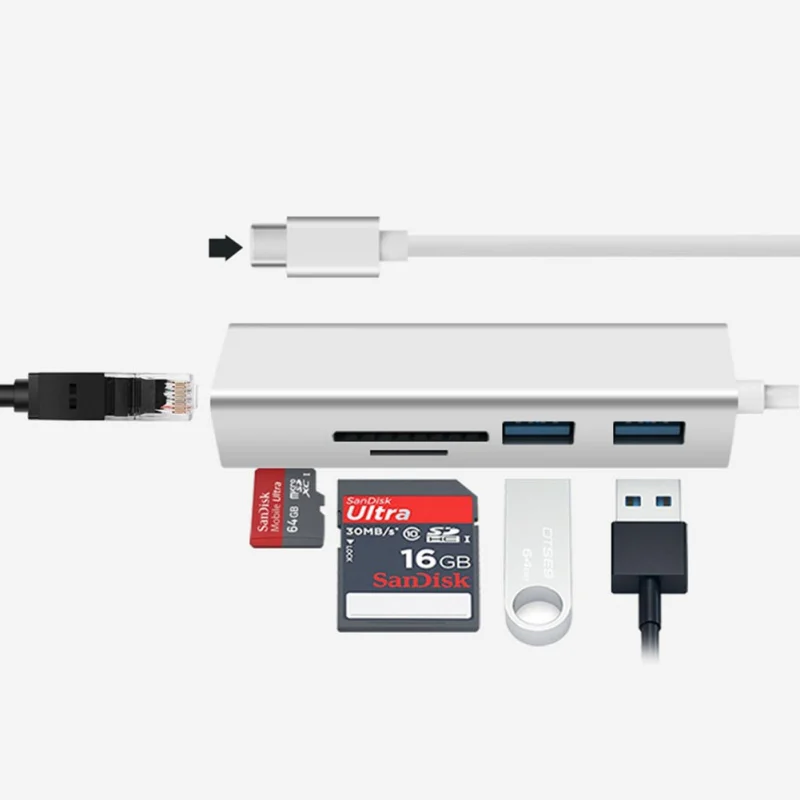 5 in 1 USB-C Hub Aluminium Alloy Type-C Adapter with RJ45 Ethernet Port USB 3.0 SD/TF Card Reader USB Converter for Macbook 5 in 1 USB-C Hub Aluminium Alloy Type-C Adapter with RJ45 Ethernet Port USB 3.0 SD/TF Card Reader USB Converter for Macbook
